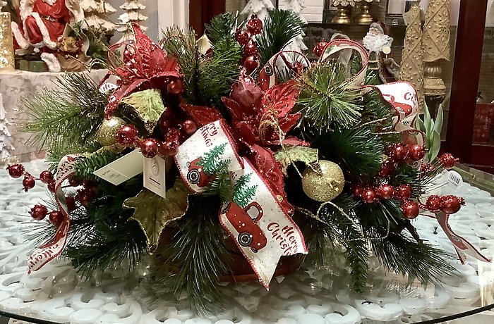 Red Poinsettia Farmhouse Red Truck Ribbon Centerpiece