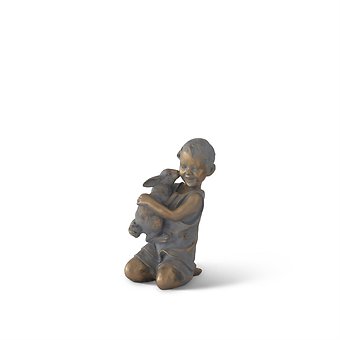 Blue & Gold Resin Boy With Rabbit Statue