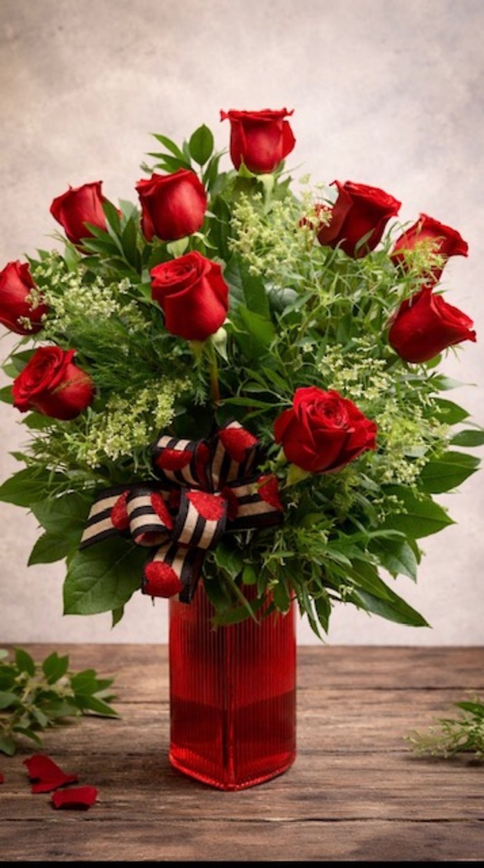 Dozen Red Roses in Heart Shaped Vase Standard