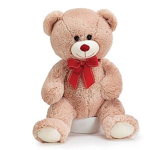 15 Inch Sitting Beige Bear with Red Ribbon