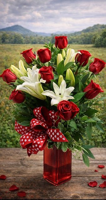 Dozen Red Roses w/ White Lilies in Heart Shaped Vase