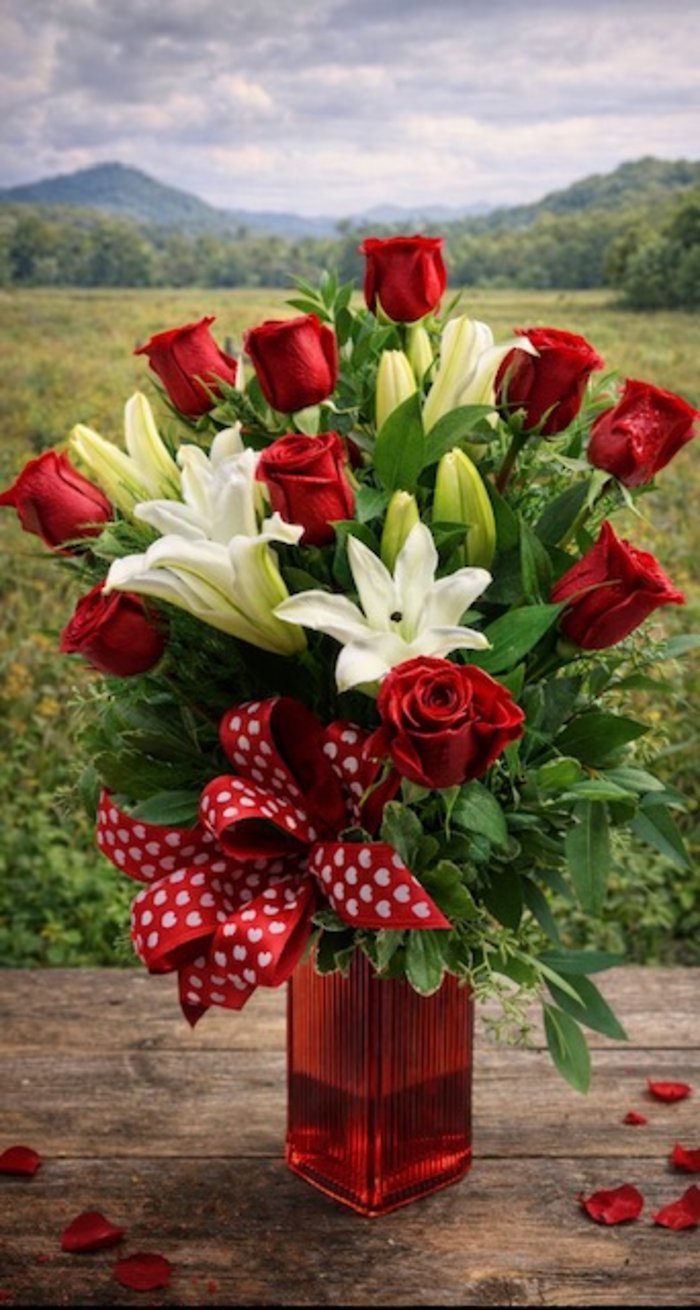 Dozen Red Roses w/ White Lilies in Heart Shaped Vase